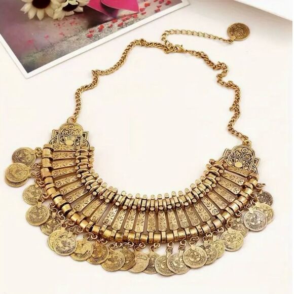Multi-layer Coin Necklace Metal Carving Tassel Necklace. - Picture 1 of 2